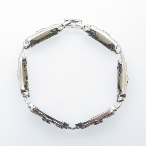 925 Sterling Silver Vintage Real MOP & Marcasite Star Oxidized Panel Bracelet 7